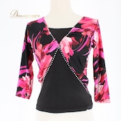 社交ダンス 衣装 スタンダード トップス レッスンウェア Leirena 黒 白 赤 紫 ブラック系 ホワイト系 レッド系 ピンク系 パープル系 練習着 レディース 光を纏うラインストーン Vネック プルオーバー 七分袖 柄入り 花柄風 総柄 伸縮性あり 練習用 フィット感 ダンスレッスン 社交ダンスレッスン スタンダードダンス 女性用 黒系トップス ピンク系トップス パープル系トップス 花柄 衣装用 インナーなし コーディネート 競技用 トップスのみ