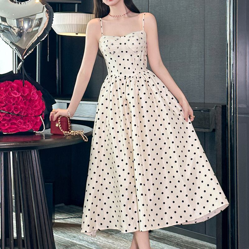 【dress】ドット柄キャミロングワンピース Q6194