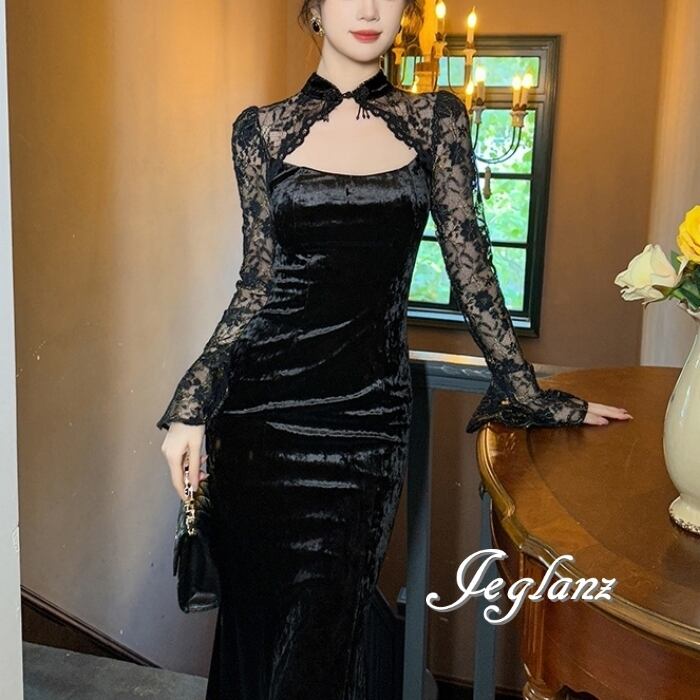 2色 パーティ ドレス ワンピース ベロア調 刺繍 レース 光沢感 (MB175)η