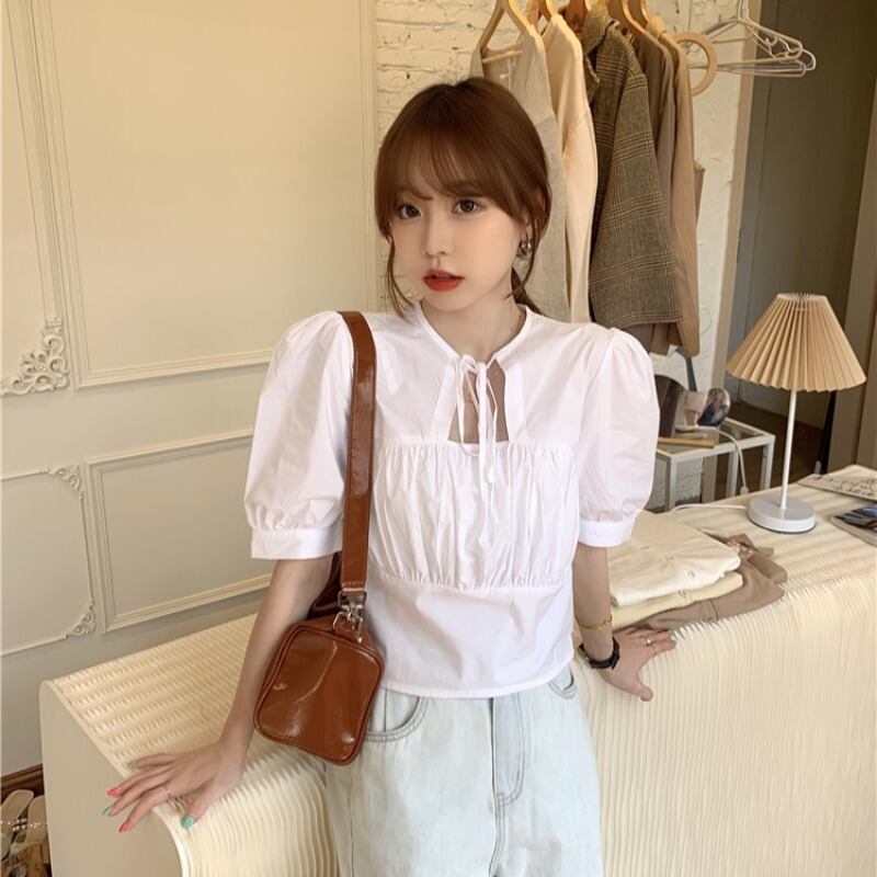 シャツ スリーブショートサマーホワイトルーズトップス 夏物 ブラックストロベリース72001659706