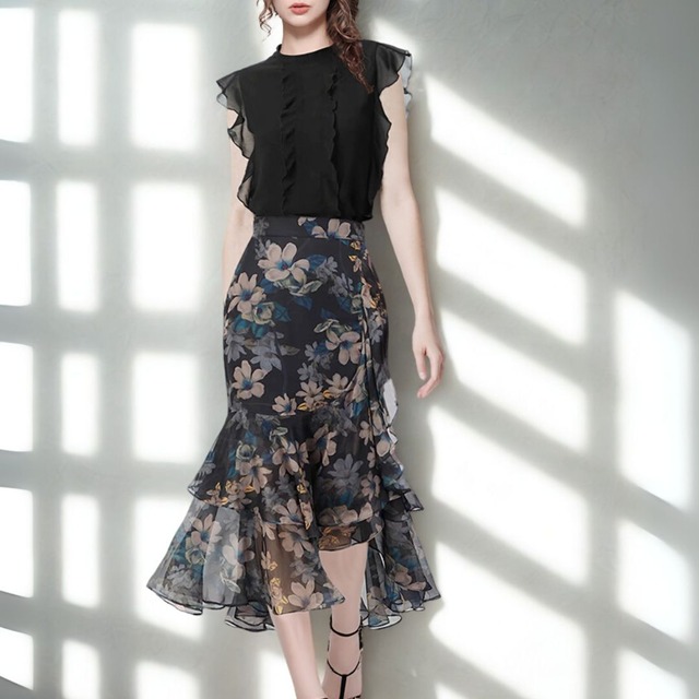 Summer New Single Shirt Ruffle Fishtail Skirt setup　　V542