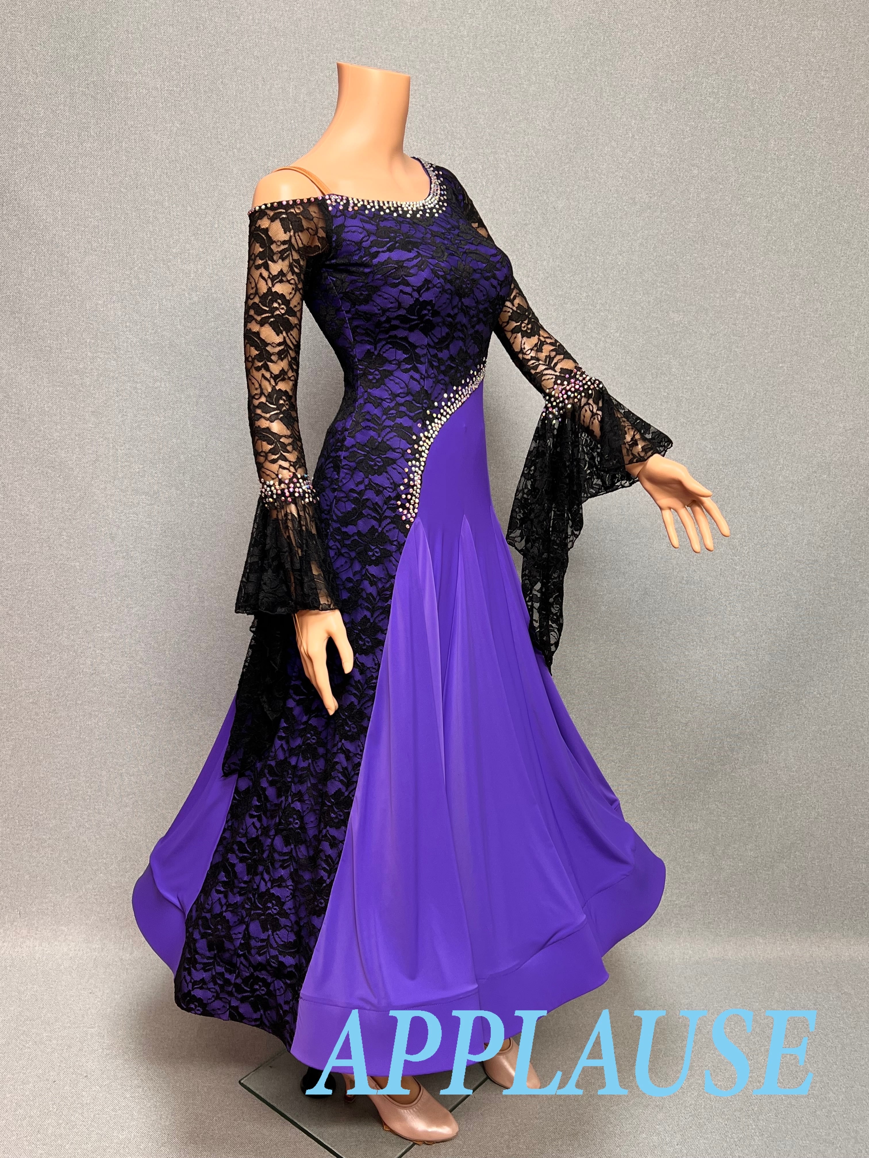 【新着】社交ダンス ドレス　スタンダード　モダンドレス　　パープル＆ブラック　M〜L   ST-26-５  デモ・競技用ドレス　発表会衣装　パーティドレス　ワンピース　舞台衣装