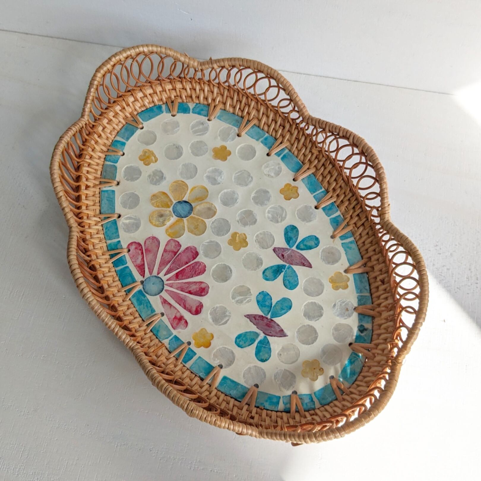 No239}手工芸 ラタンと貝殻のお盆 籐製品 アジアン 雑貨(3個セット 