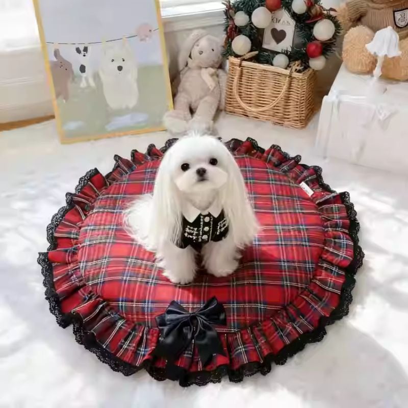 赤いタータンチェックのサークルマット 01047