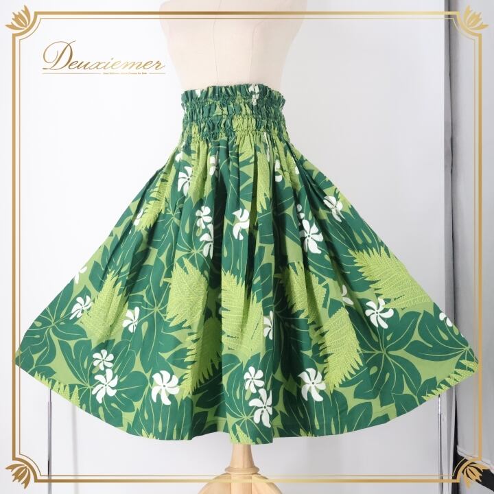フラダンス衣装 パウスカート グリーンにクリーム色モンステラ柄