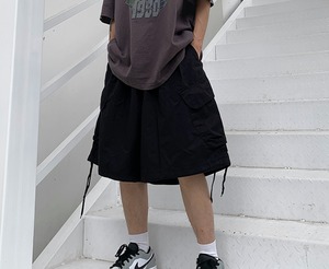 【韓国ファッション】マルチポケットオーバーオールショーツ ワイドレッグカジュアルパンツ