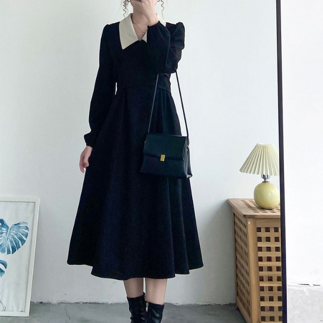 ワンピース フレアワンピース ミモレ ミモレ丈 袖あり 長袖 襟付き かわいい 大人可愛い カジュアル 大人 おしゃれ お洒落 大人女子 無地 秋 冬 入学式 入園式 卒業式 卒園式 謝恩会 二次会 10代 20代 30代 レディース 女性用 デート お出かけ イベント 普段使い ファッション コーデ モテ L