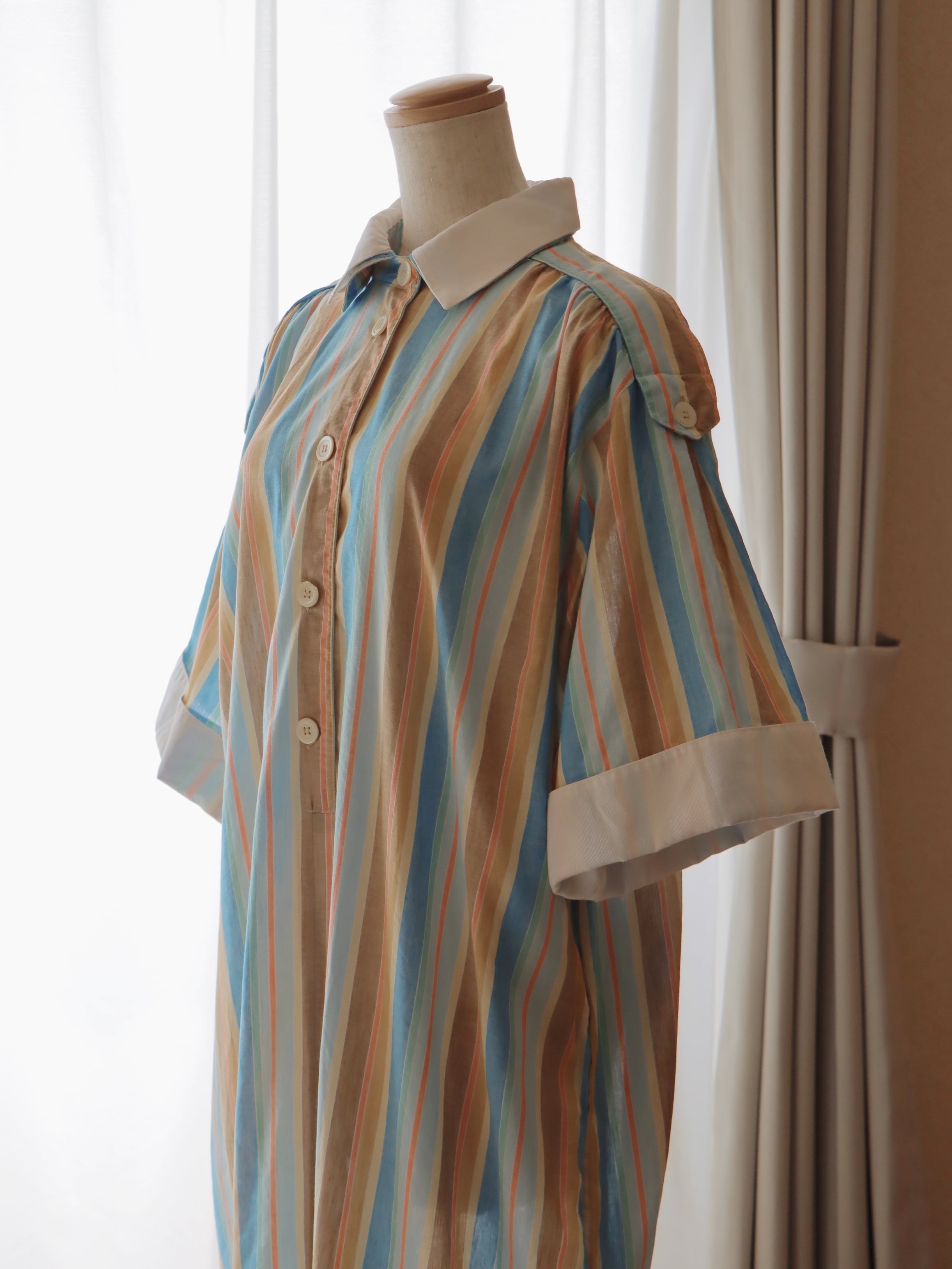 ●80s made in ITALY Luisa Spagnoli striped collared design cotton dress