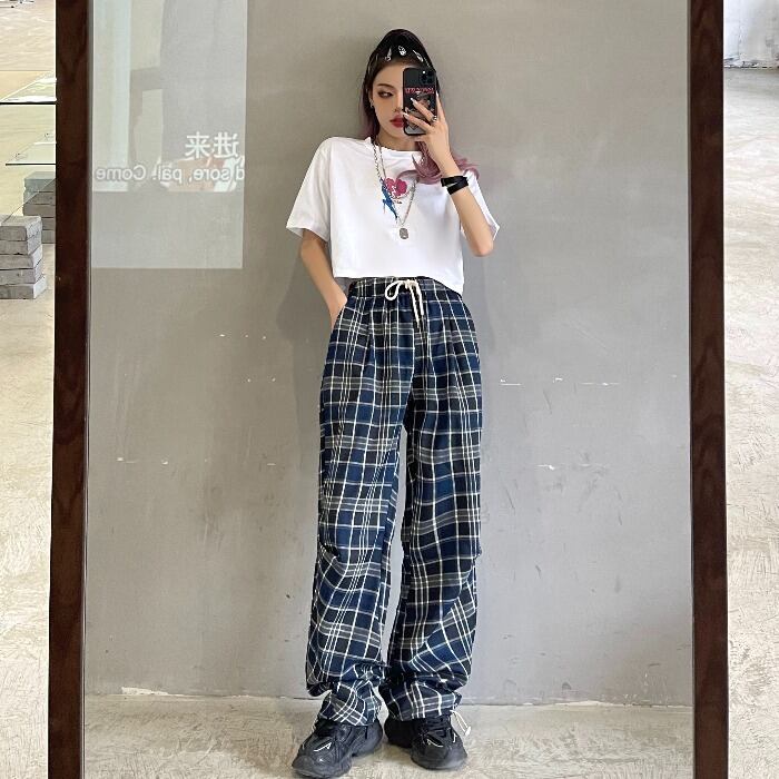 サマーカジュアルショートルーズTシャツ 格子柄パンツ 夏物 ケッペル65918930320