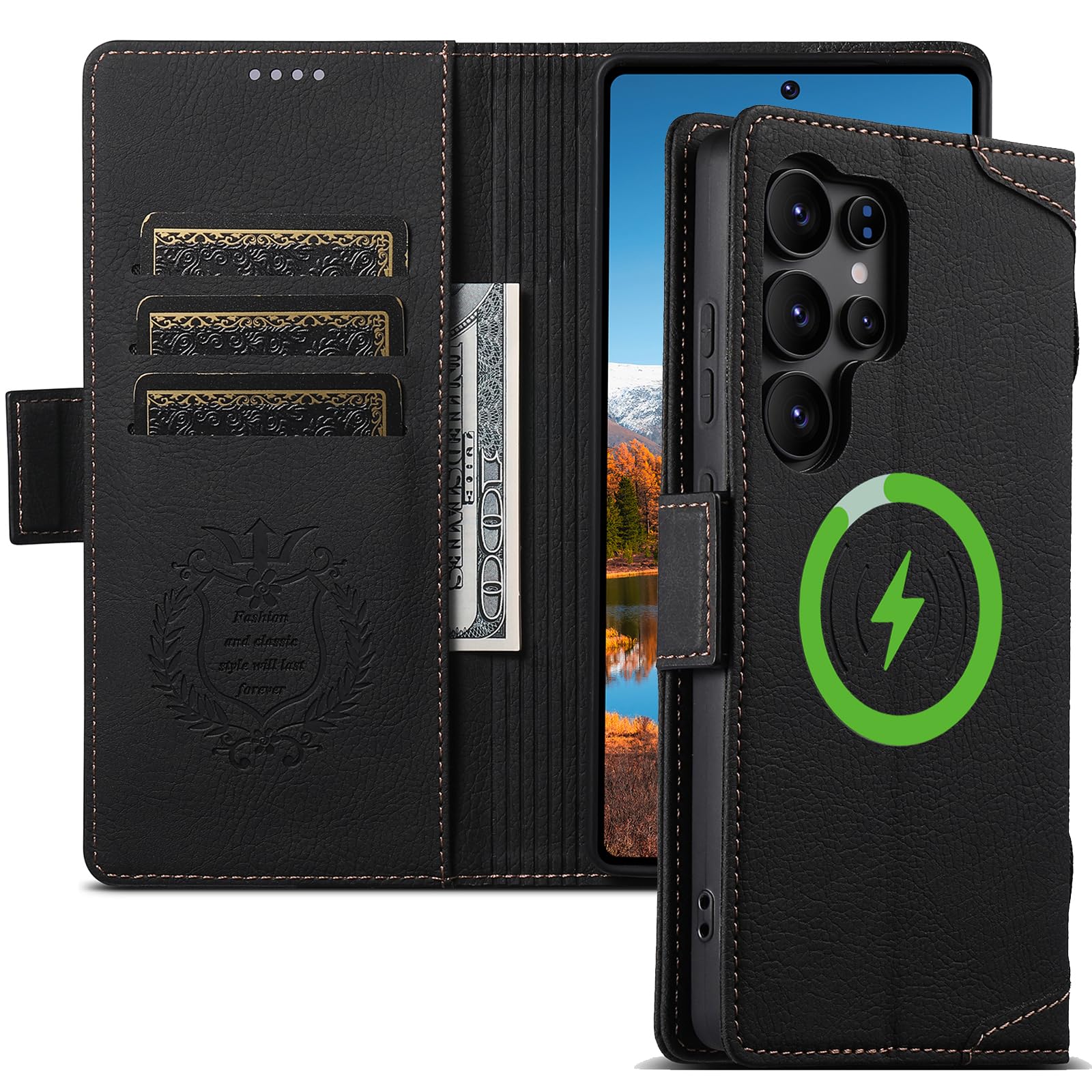 JCGOOD Samsung Galaxy S26 Ultra ケース カバー 手帳型 MagSafe対応 本革レザー カード収納 財布型 マグネット式 スタンド機能 薄型 軽量 耐衝撃 防塵 全面保護 スマホケース ブラック 6.9インチ対応
