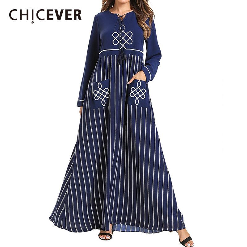 CHICEVER刺繍ストライプドレス女性Oネック長袖ヒットカラードレス2020秋 ロング レッド オータム 秋物 6base522083320198