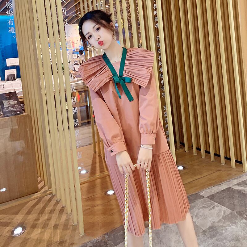 【新作】【送料無料】 春プラスサイズ妊婦ロングルーズプリーツワンピース長袖ラージピーターパンカラーマタニティシフォンワンピースかわいい 大きめサイズ 大人ガーリー スウィート キュート カジュアル スプリング 春物 AL expec387331581673