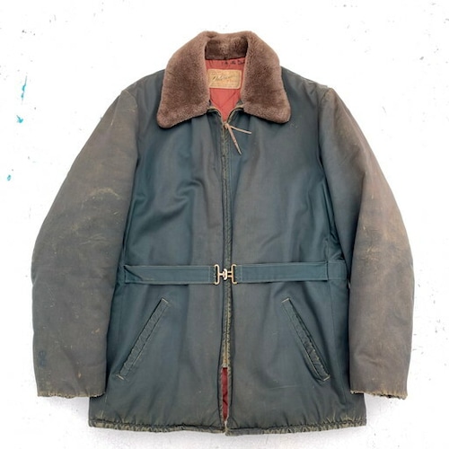 50's 60's HERCULES OUTERWEAR ブルゾンコート ボア襟 ダークグリーン サテン 裏地キルティング フェード Sears M~L ダメージ 希少 ヴィンテージ