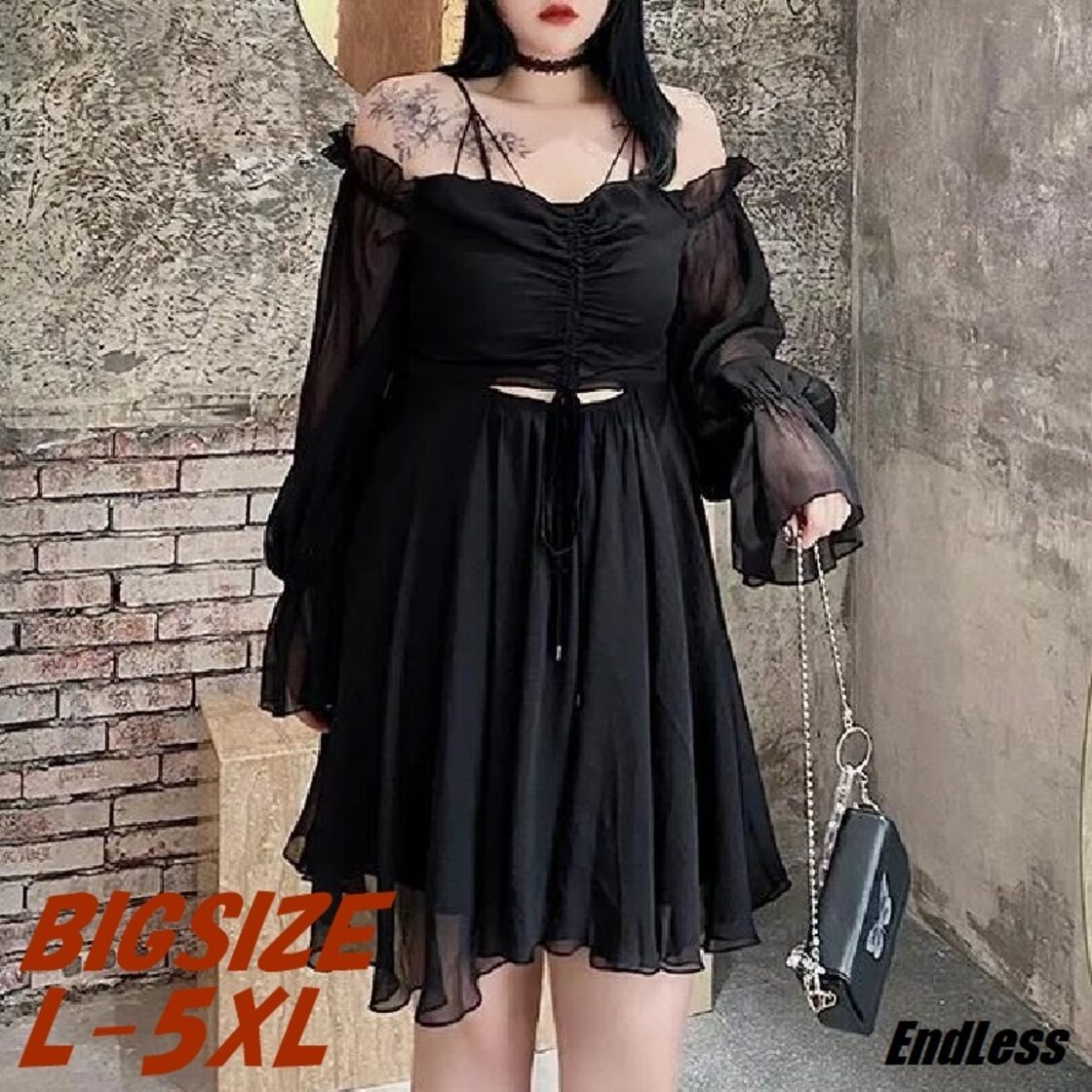 L ～ 5XL 送料無料 セクシー ビッグ レース ブラック ドレス モード系 