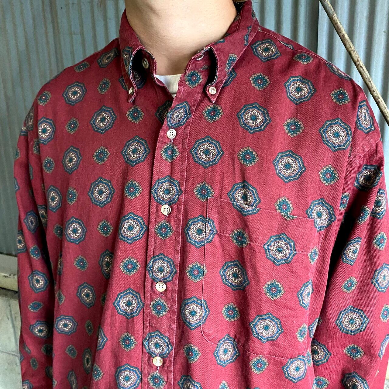 80´sビンテージ古着！日本製 TM PER UOMO リンゴ総柄デザインシャツ-