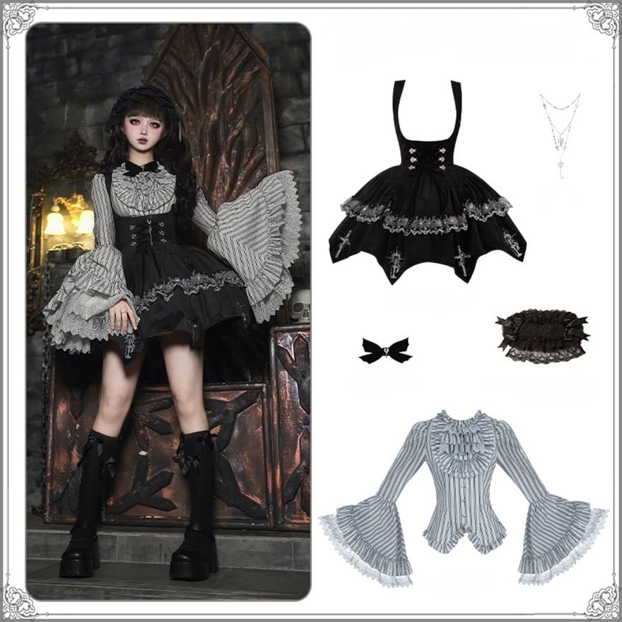 ゴスロリ 5点 セット ストライプブラウス ミニJSK フリル袖 黒白