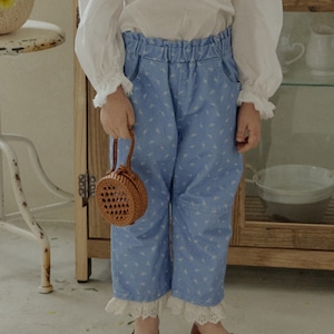 秋レース付き綿製小花カジュアルパンツ2色