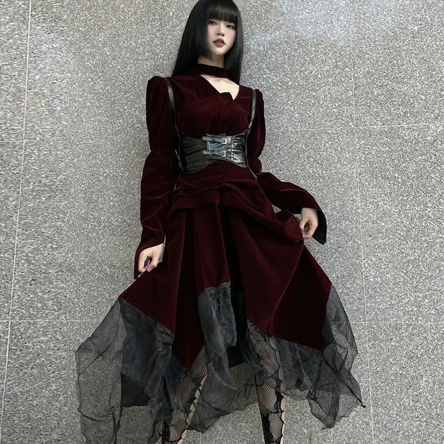 サブカル 服 地雷系 通販 服 コルセット風 ロングドレス アシンメトリー ダークファッション ダークレッド