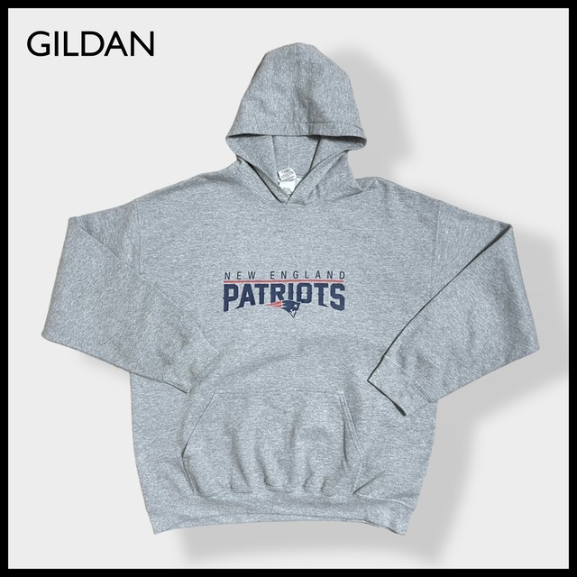 【GILDAN】NFL ニューイングランド・ペイトリオッツ New England Patriots アメフト プリント ロゴ スウェット パーカー フーディー hoodie プルオーバー XL ビッグシルエット 切替 us古着