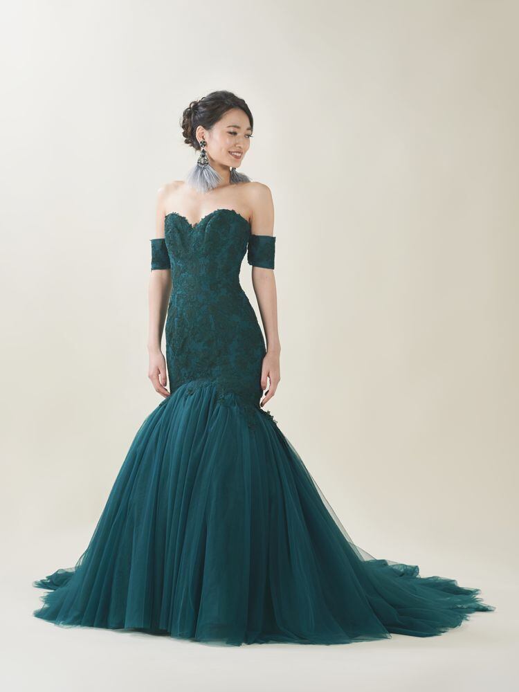 カラードレス 深めな緑 取り外し袖 マーメイドライン アンティークな  