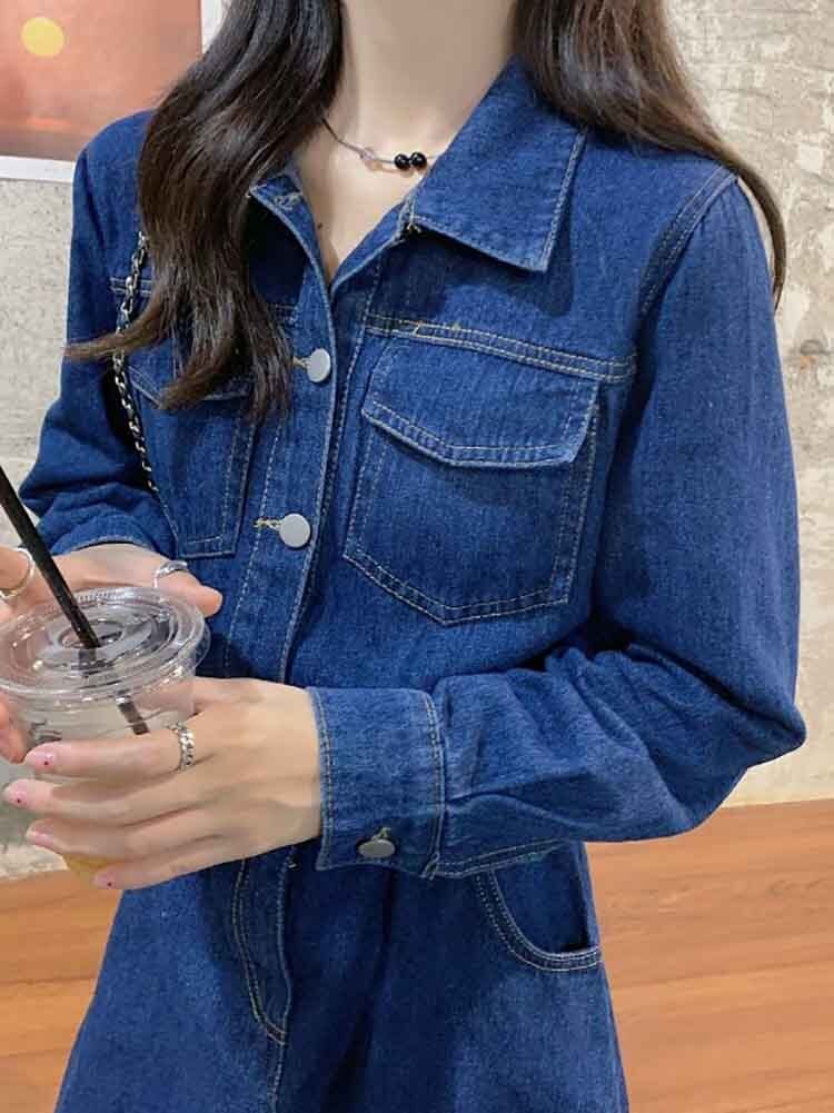 レディな魅力を引き出す 胸ポケットデニム襟付きミニワンピース