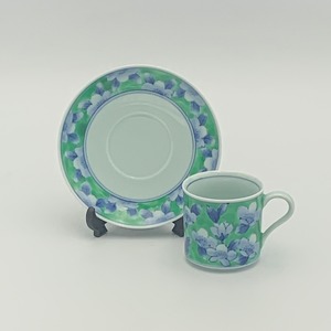 有田焼　山茶花（緑）突立コーヒー碗皿　カップ＆ソーサー