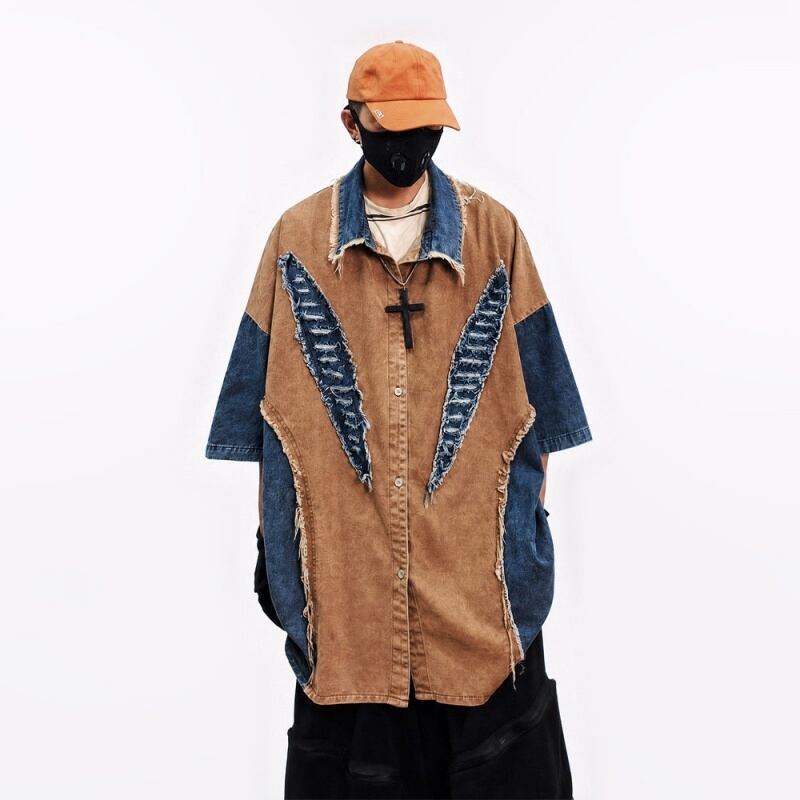 UUCSCCヴィンテージ加工ゆったりデニムブラウンシャツ