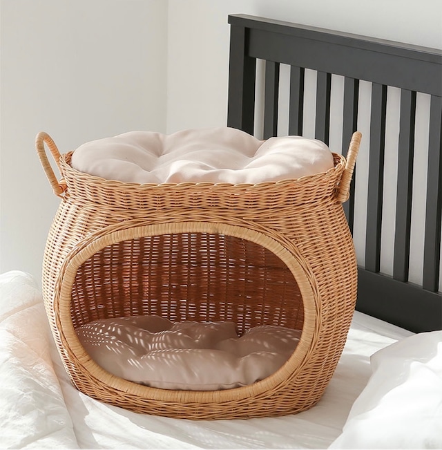 rattan pet house B / ラタン ペットハウス クッション付き ２段 キャットドッグ 猫 犬 韓国 インテリア 雑貨