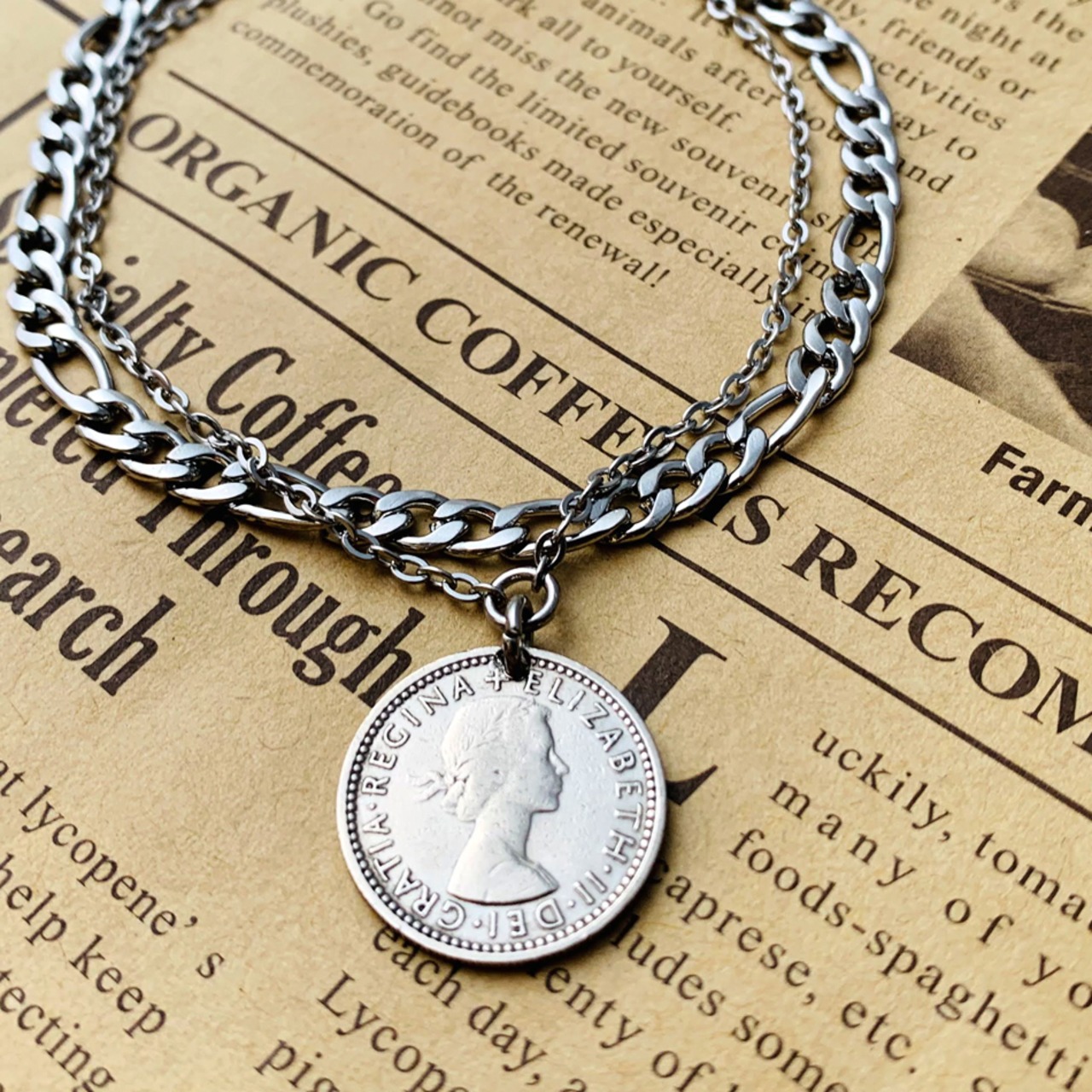 ステンレスダブルチェーンシックスペンスコインブレスレット