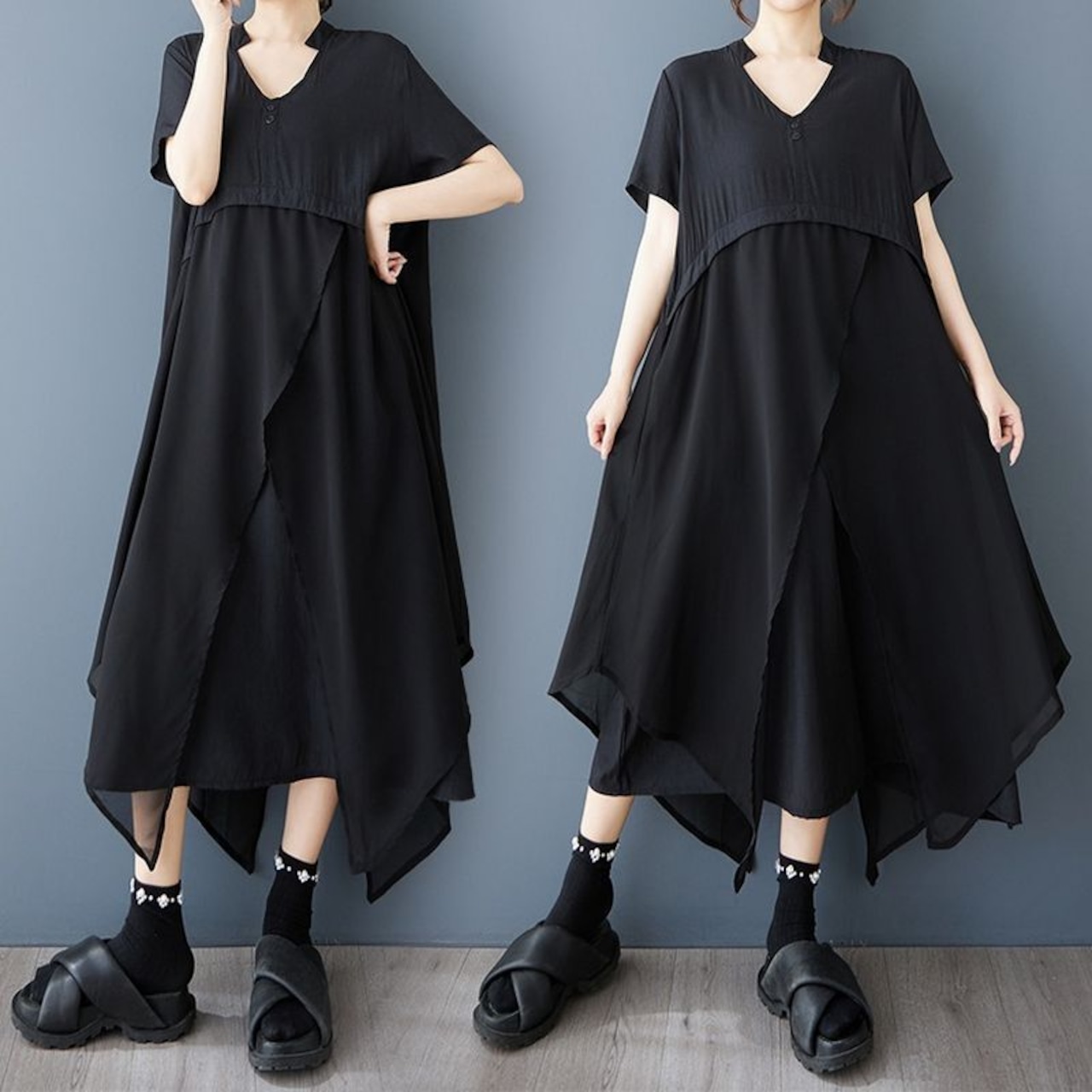 Vネック マキシ丈 ブラックワンピース 30100