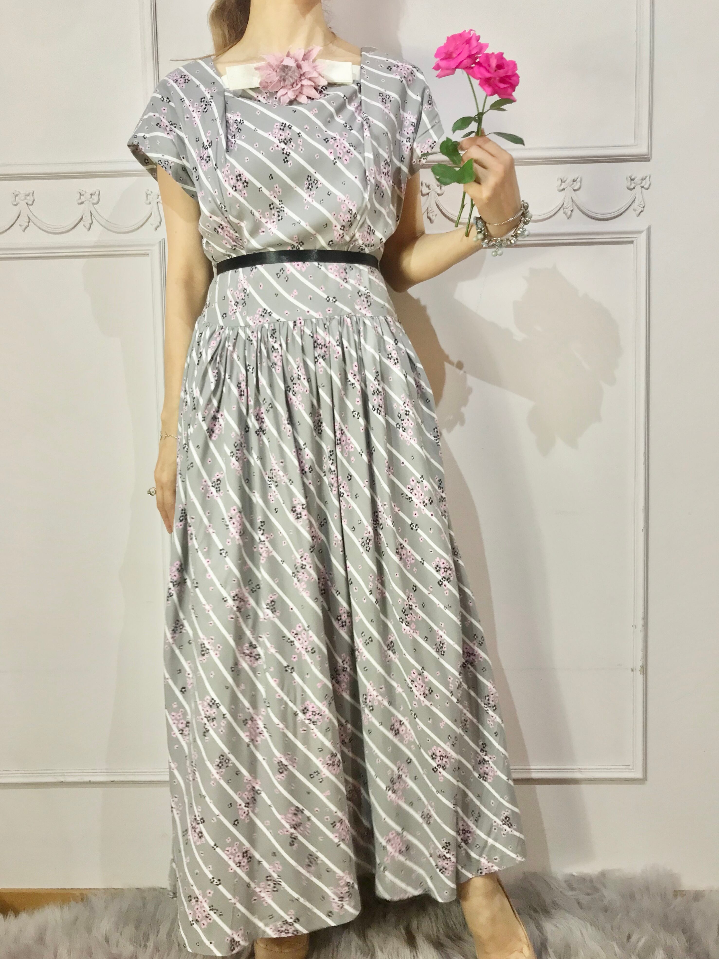 ピンクフラワーストライプドレス lot20513