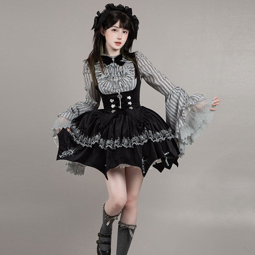 ゴスロリ 5点 セット ストライプブラウス ミニJSK フリル袖 黒白