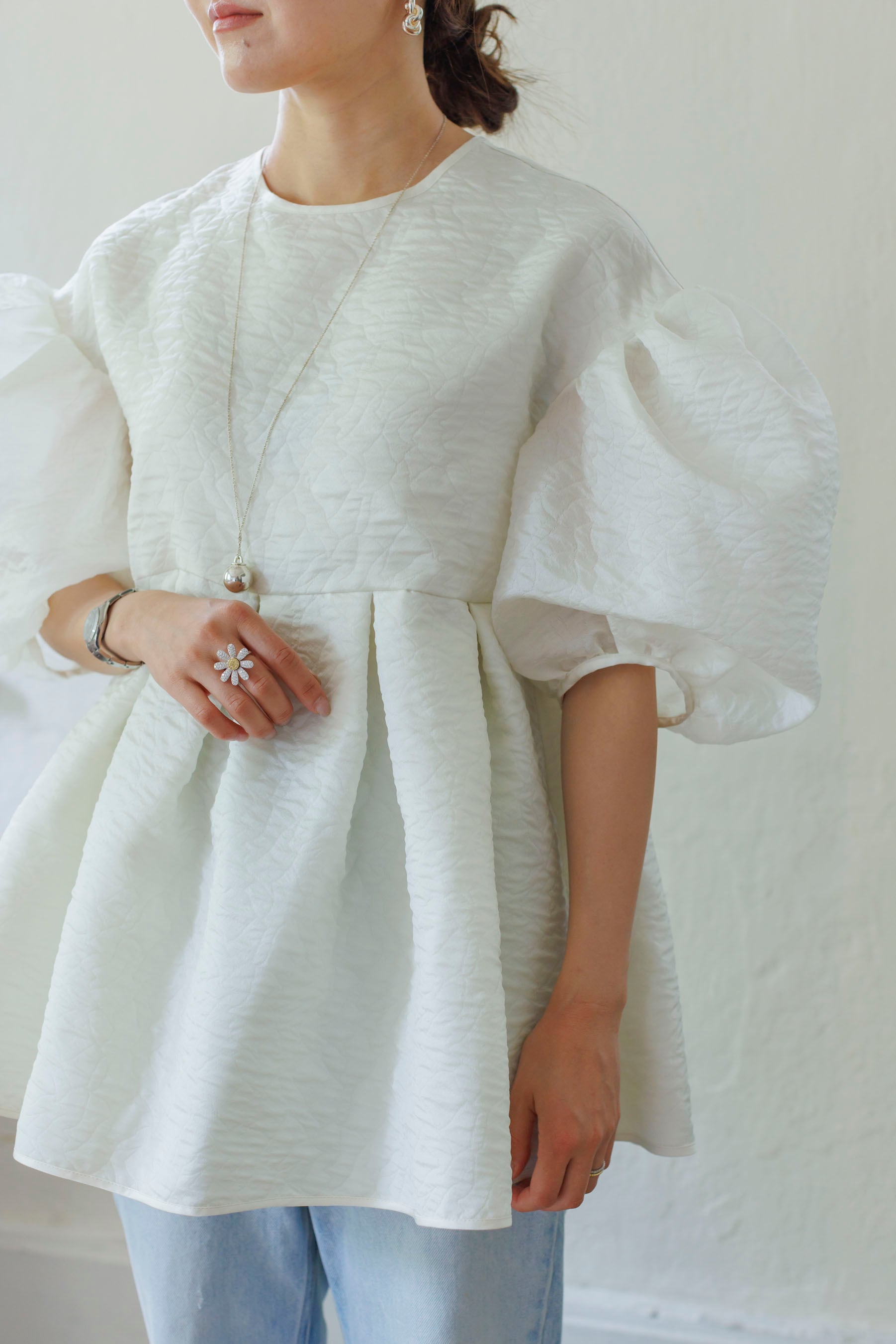 bluelea ブルレアSilky jacquard blouse ホワイト