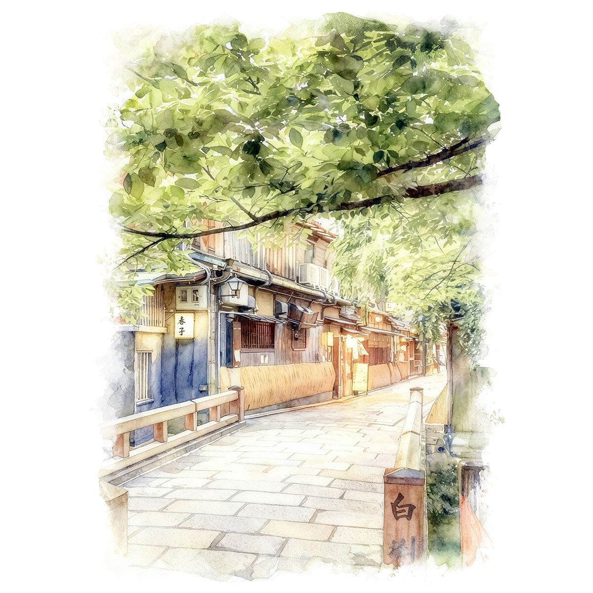 絵画(風景画) 日本 京都府 祇園 巽橋 インテリアアート額付き 水彩画・油絵風 WAT0782