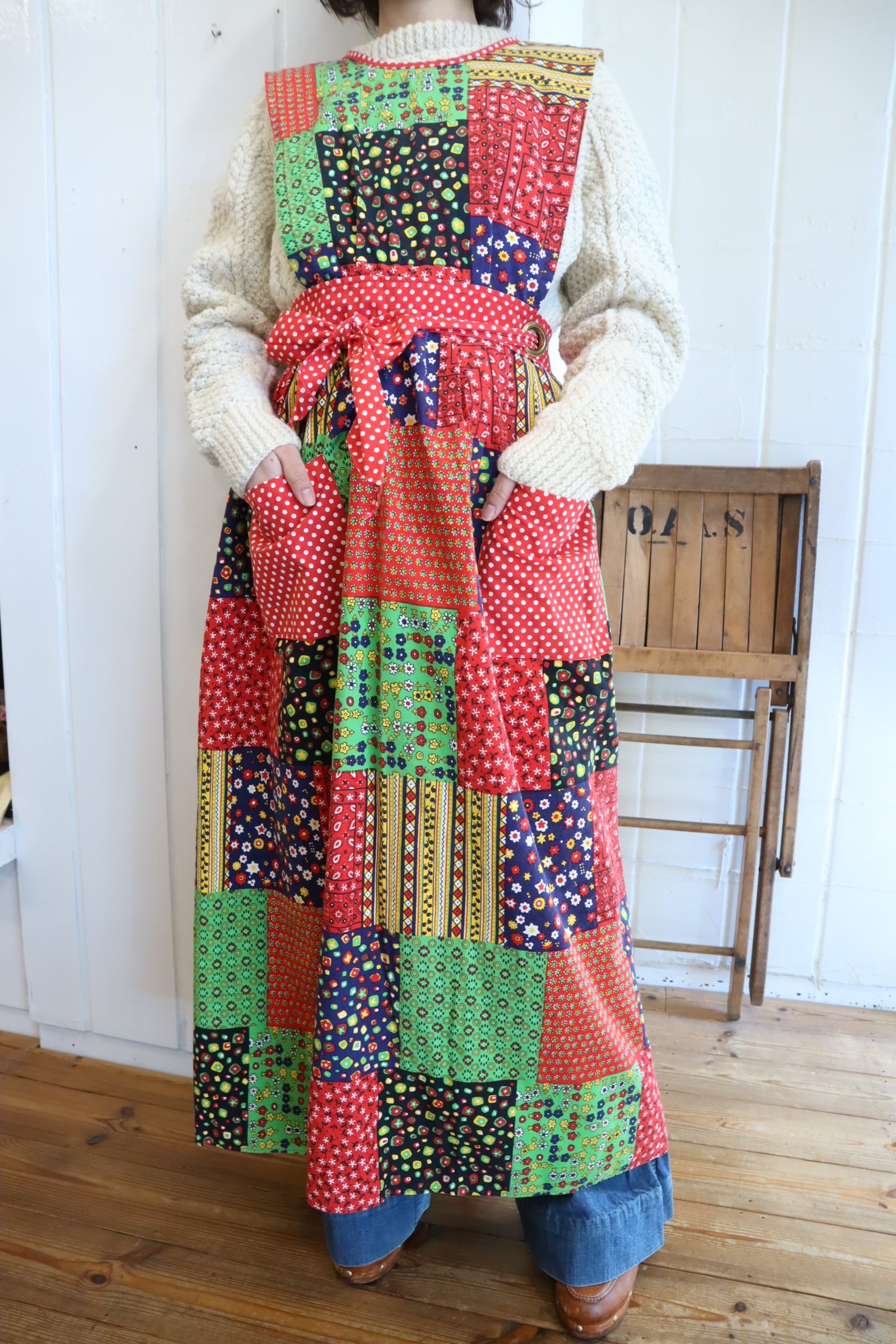 70s red×green patchwork pattern apron dress [l-4705] | Fizzvintage