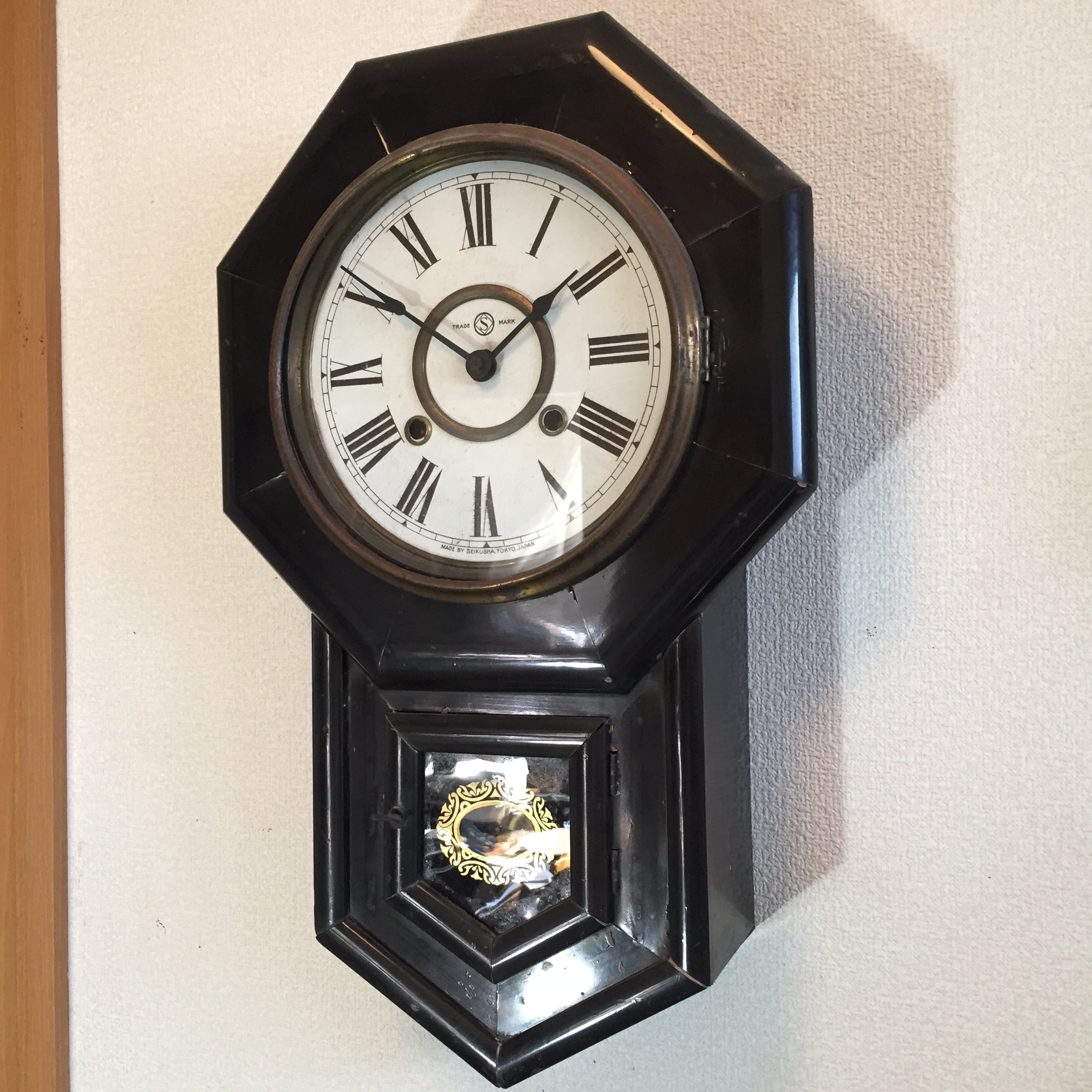 明治期 精工舎 8インチ漆塗八角小型金筋入 掛時計 オーバーホール済
