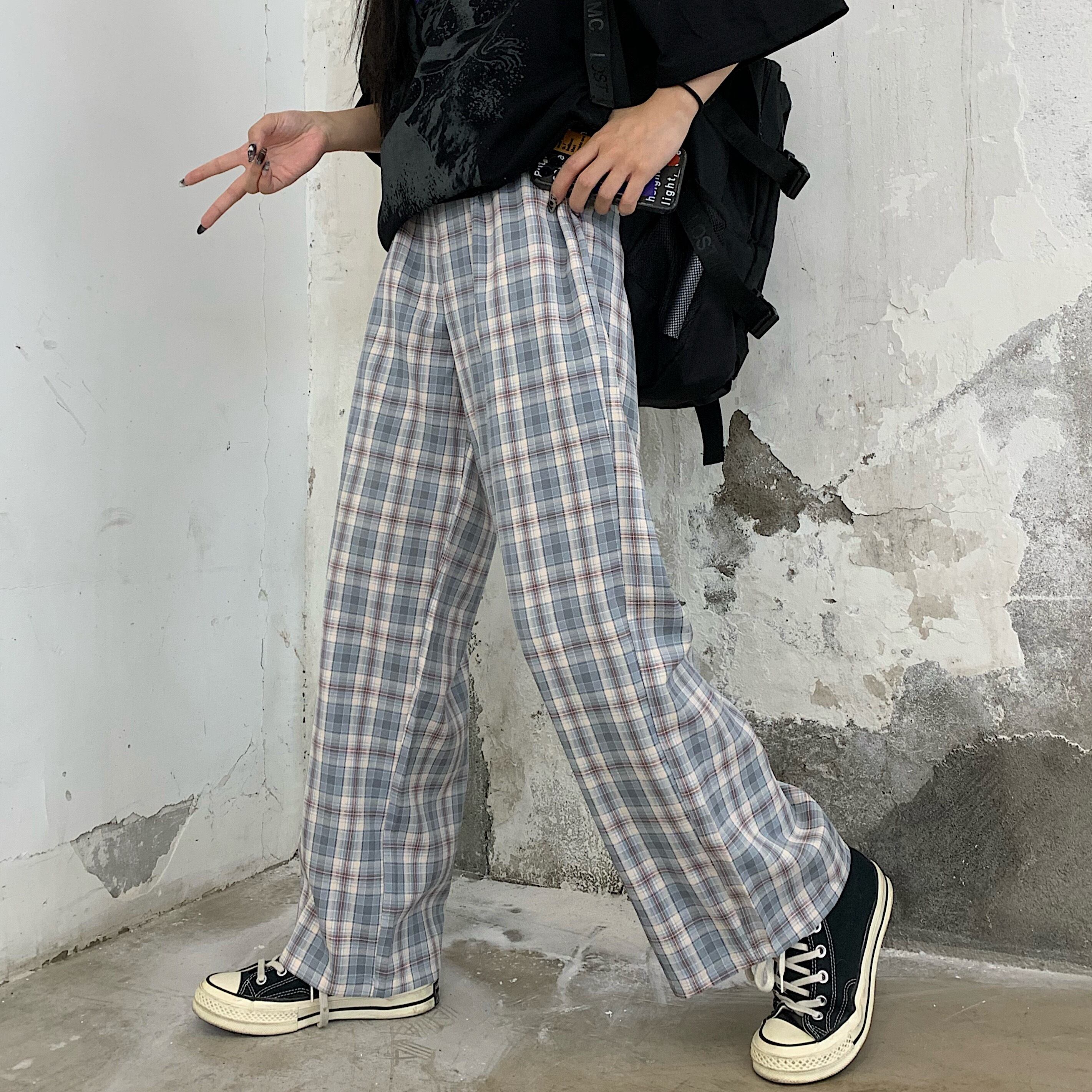 スプリングサマールーズ格子柄パンツ 薄手カジュアルハイウェスト 春物 夏物 ケッペル37696574521