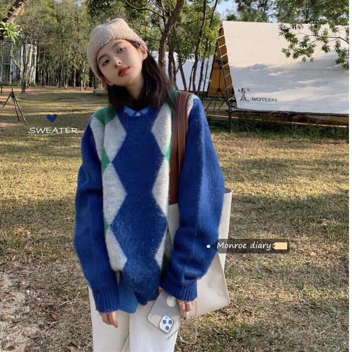 プルオーバー 格子柄セーター スプリングウィンタールーズニットトップス コート 春物 冬物 モンロー36157443042