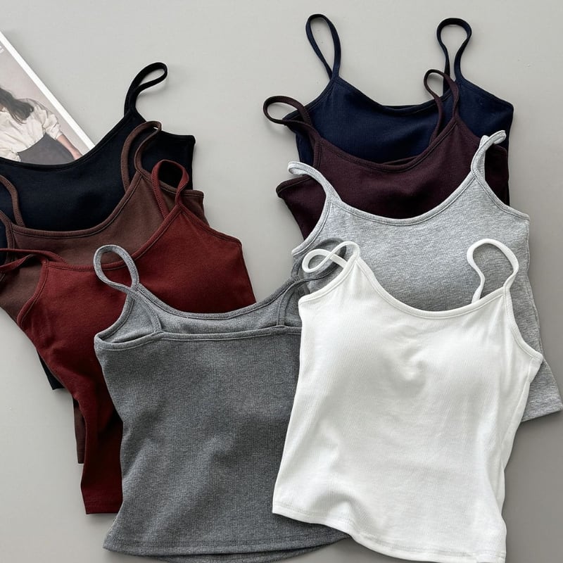 胸パッド付き 細ストラップ リブニットキャミソール ◆8color 204407