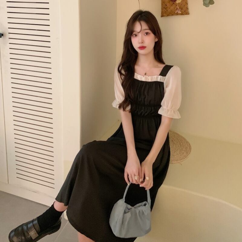 スカート サマードレス スタンダードカラーブラック レトロ 夏物 スクウェア 1号婦人529301176