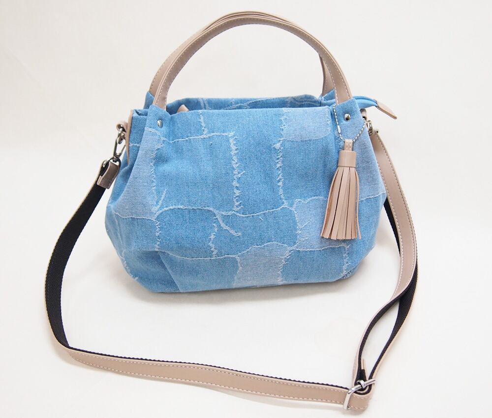 綿素材 軽量 パッチワークデニム素材2WAYバッグ ブロックデニム