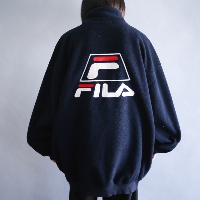 "FILA" over silhouette front and back logo embroidery half-zip fleece pullover