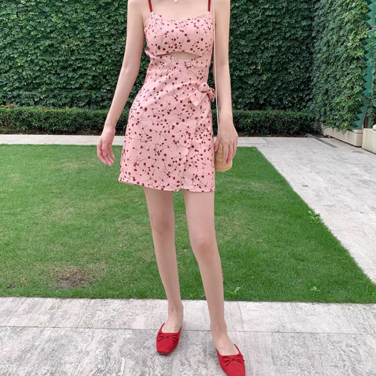 Pink Floral Spaghetti Strap Dress 5109