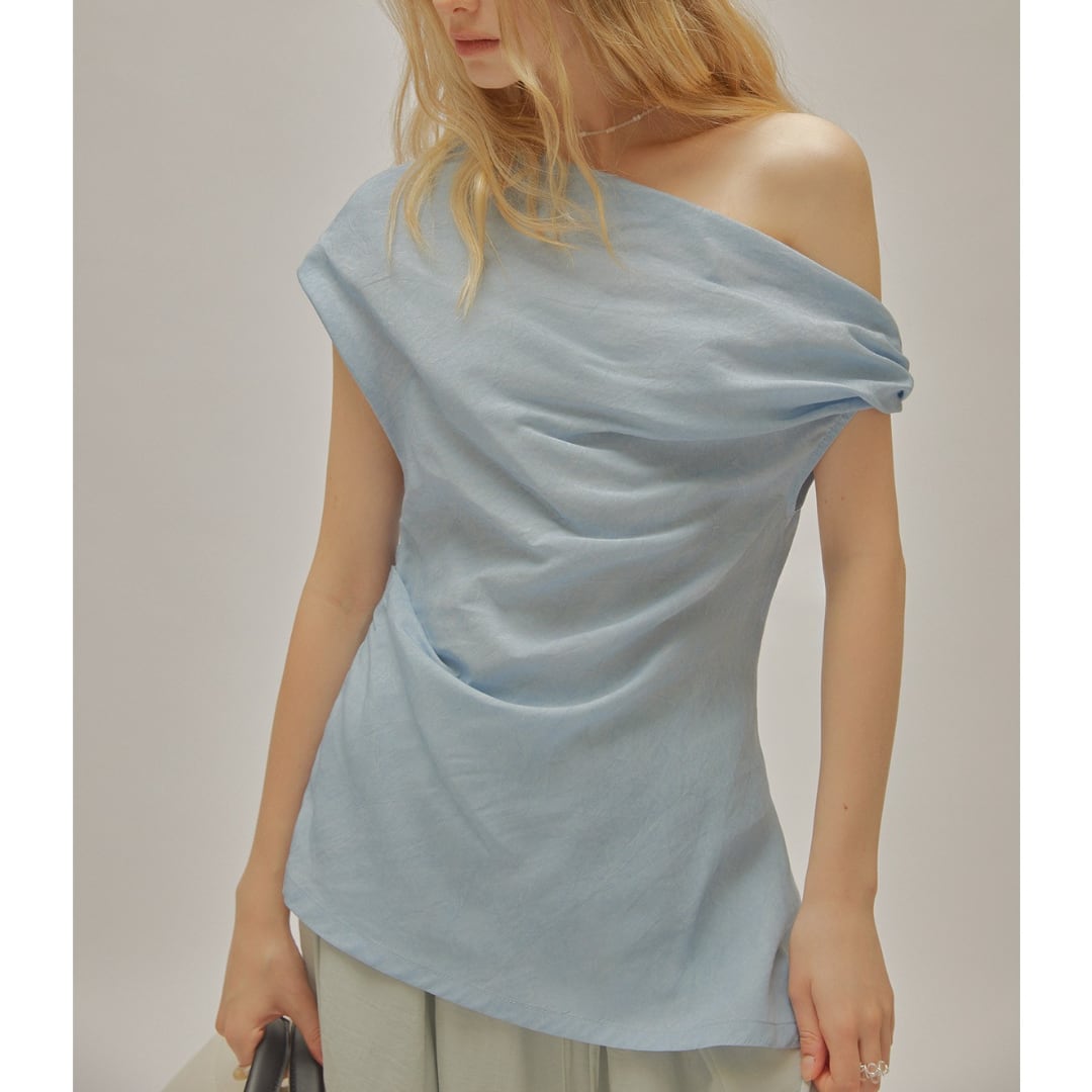 One shoulder linen blend twisted sleeves shirt G1165