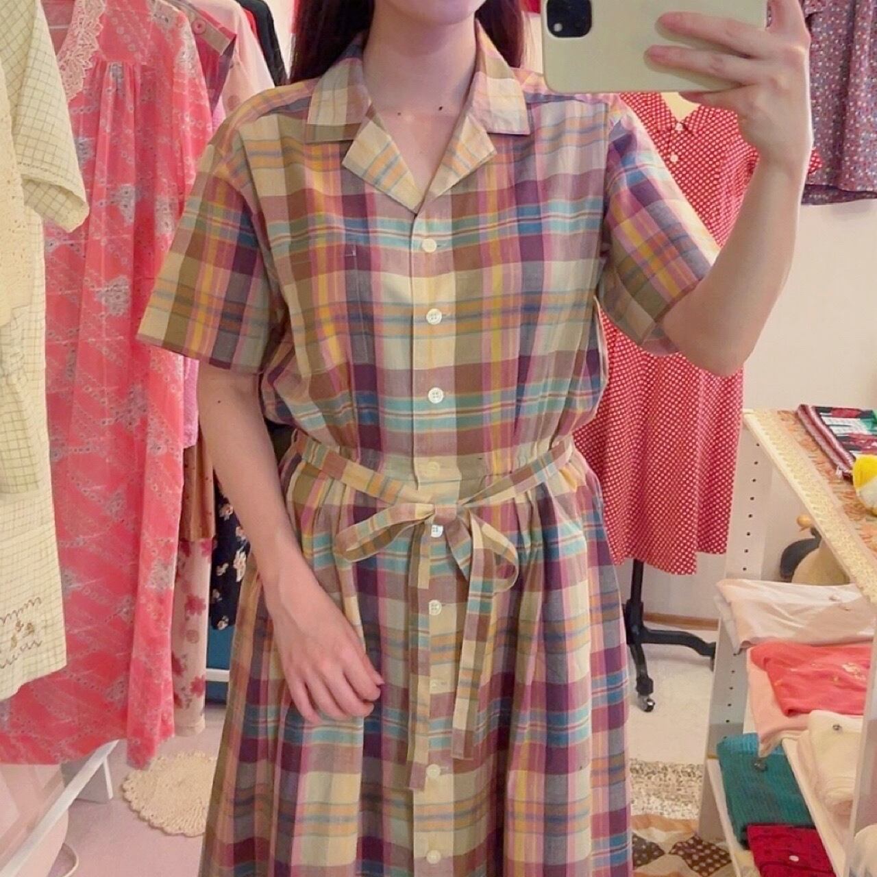 yellow pink check open collar one-piece