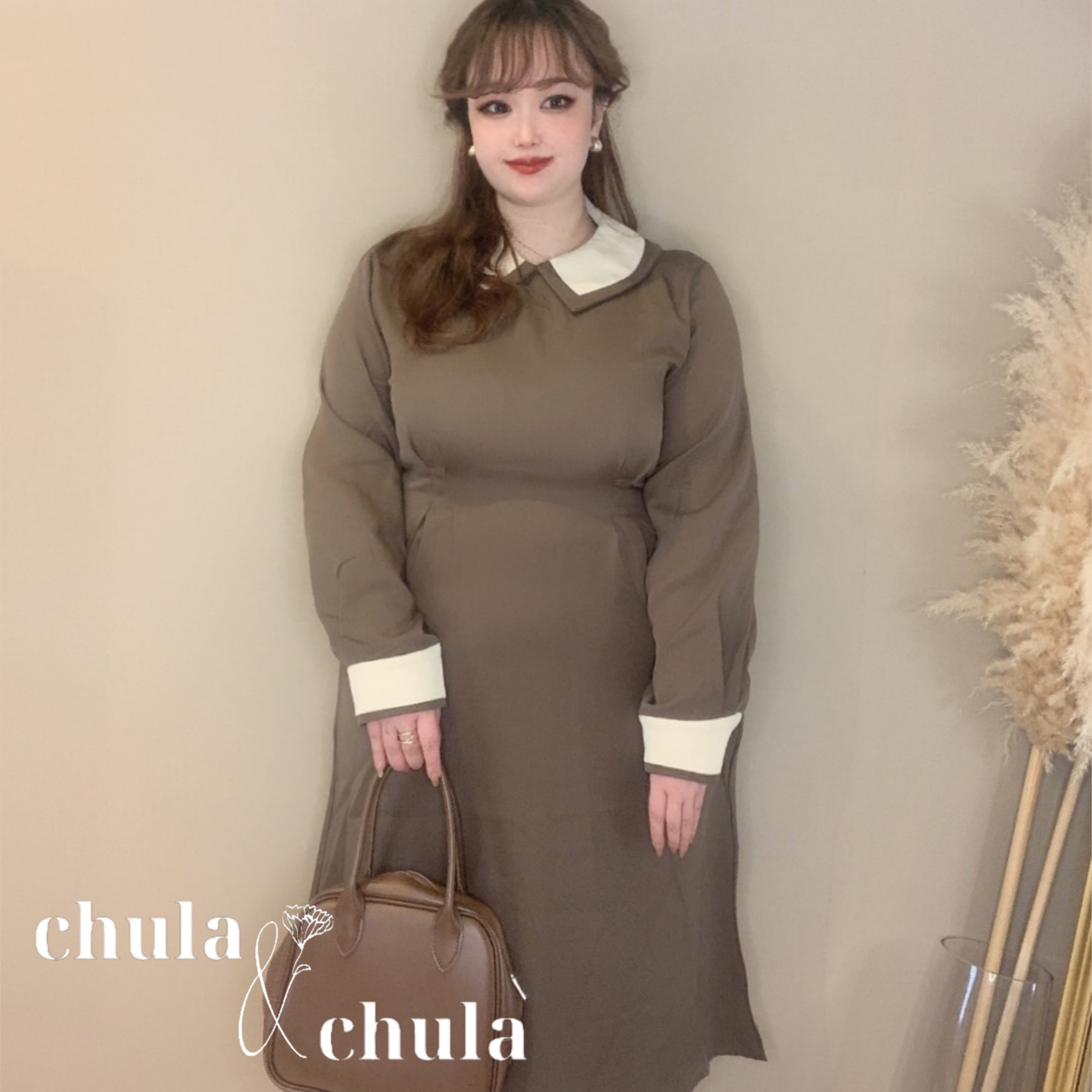 きれいめ痩せ見えビッグカラーペンシルワンピース ブラック ブラウン2色展開 Ch3360 可愛い大きいサイズ韓国レディースファッション通販 Chulachula チュラチュラ