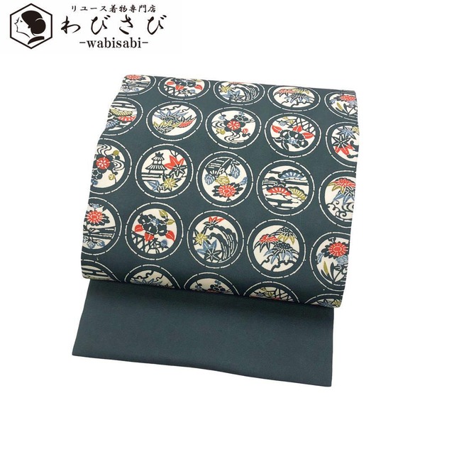 袋帯 二匹の魚 抽象柄 染柄 鉛白色 洒落帯 O-4858 着物 きもの kimono  