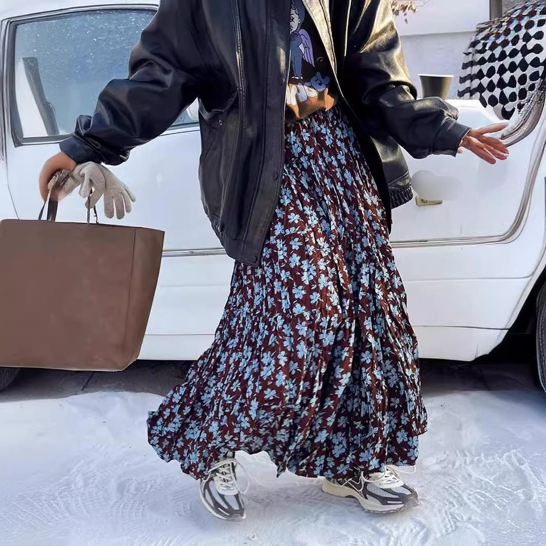 FLOWER PRINT A-LINE WRINKLED MAXI DESIGN SKIRT 2colors M-16122
