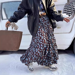 FLOWER PRINT A-LINE WRINKLED MAXI DESIGN SKIRT 2colors M-16122