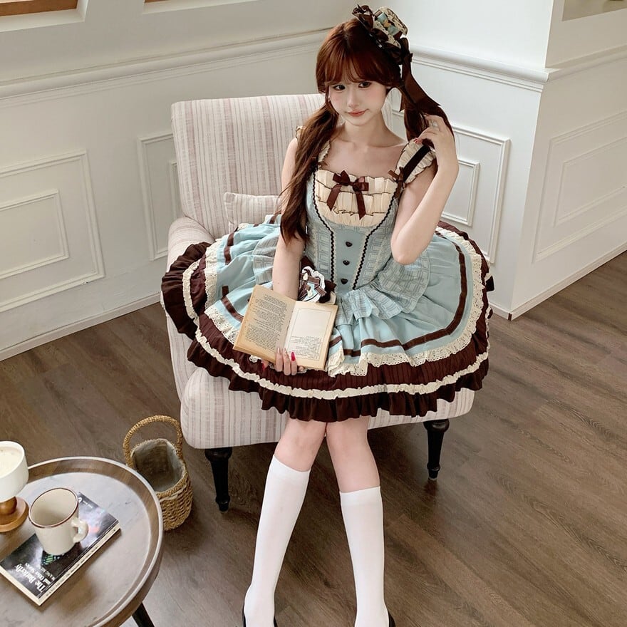 甘ロリ チョコミント配色 小帽子付きジャンパースカート（バック